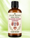 Jean Genie Herbal Support Bladder/Kidney Support liquid supplement in an amber glass bottle with a black cap, set against a soft green background.
